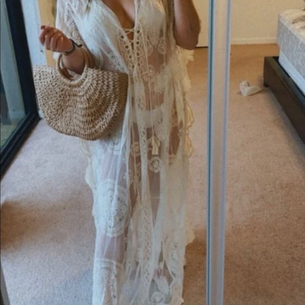 Embroidery lace up dress bikini cover-up beach summer transparent sexy lace up - Picture 7 of 7